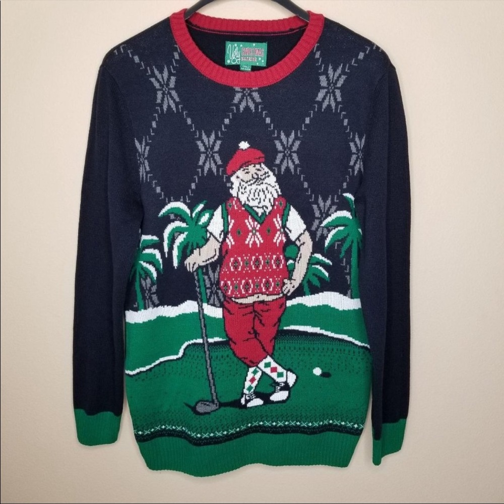 Ugly Christmas Sweater Santa Golfing Palm Trees XL